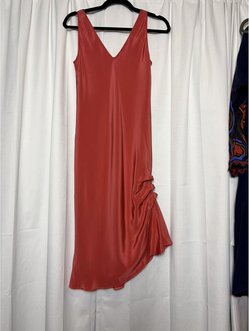 Vintage Carol Peretz Pink Rose Bias Cut V Neck Silk Ruched Hem Slip Dress Small